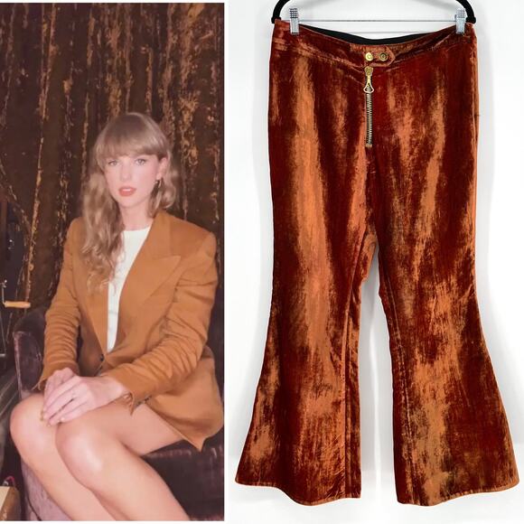 Ellery Cooly Chant Cropped Crushed-Velvet Flared Pants Copper Women's Size 8 - Picture 5 of 16